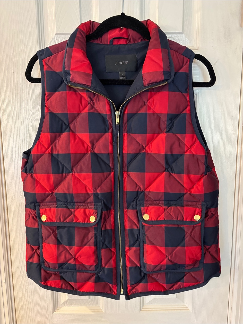 J. Crew Red and Navy Quilted Buffalo-Check Women’s Vest size M